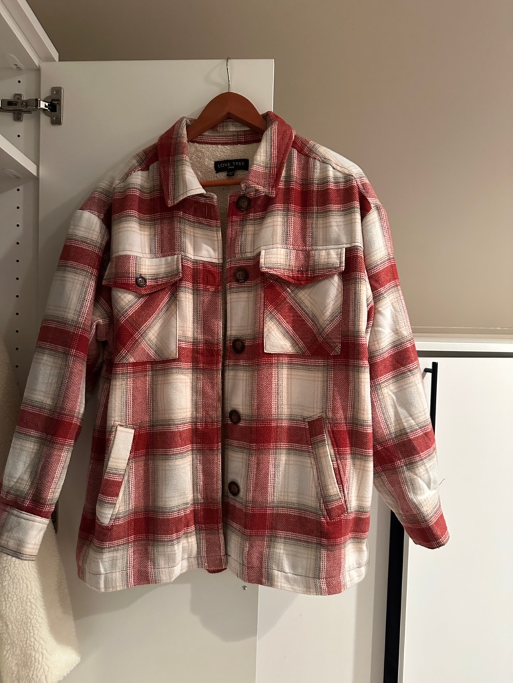 Love Tree Red and White Plaid Lightweight Shirt Jacket